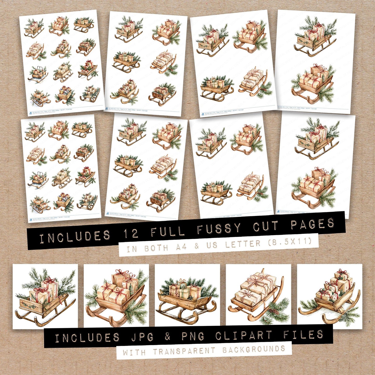 Full collection view of Wooden Sled with Gifts fussy cut sheets with bonus clipart JPG and PNG files