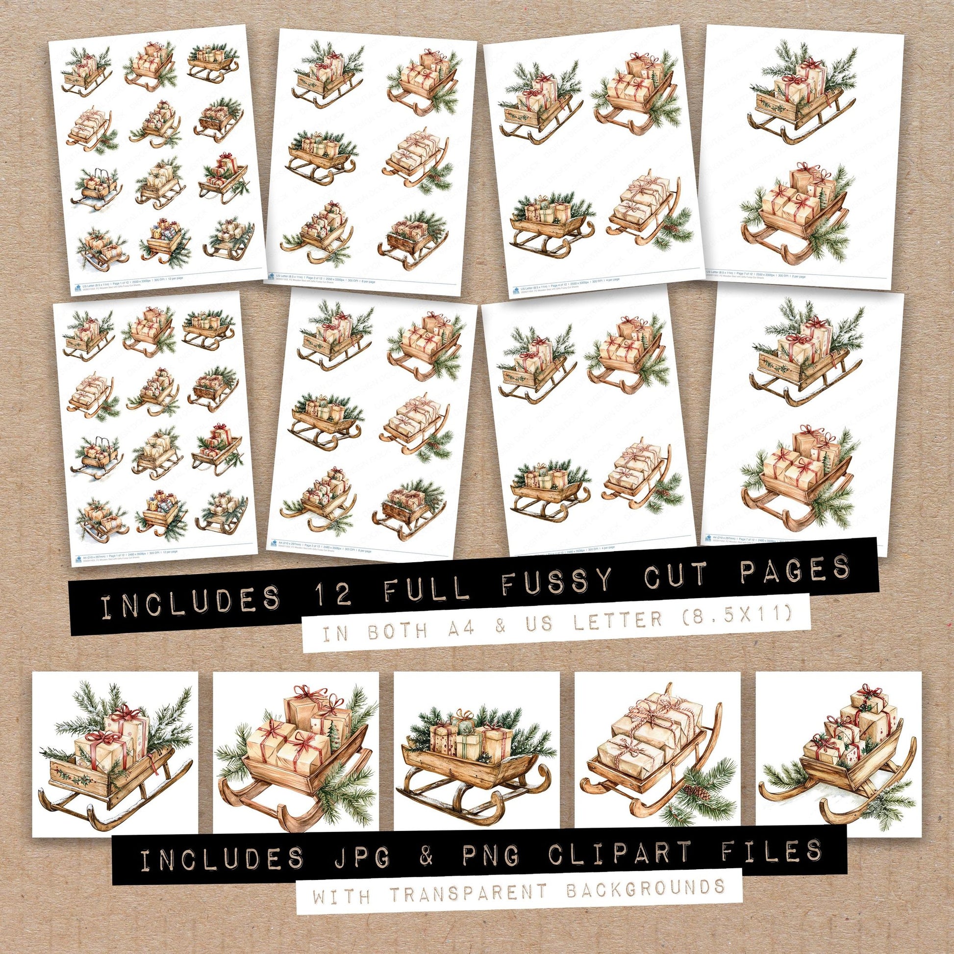 Full collection view of Wooden Sled with Gifts fussy cut sheets with bonus clipart JPG and PNG files