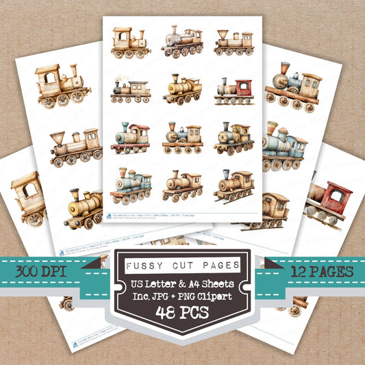 Wooden Toy Train fussy cut printable sheets for junk journaling, scrapbooking, and paper craft projects