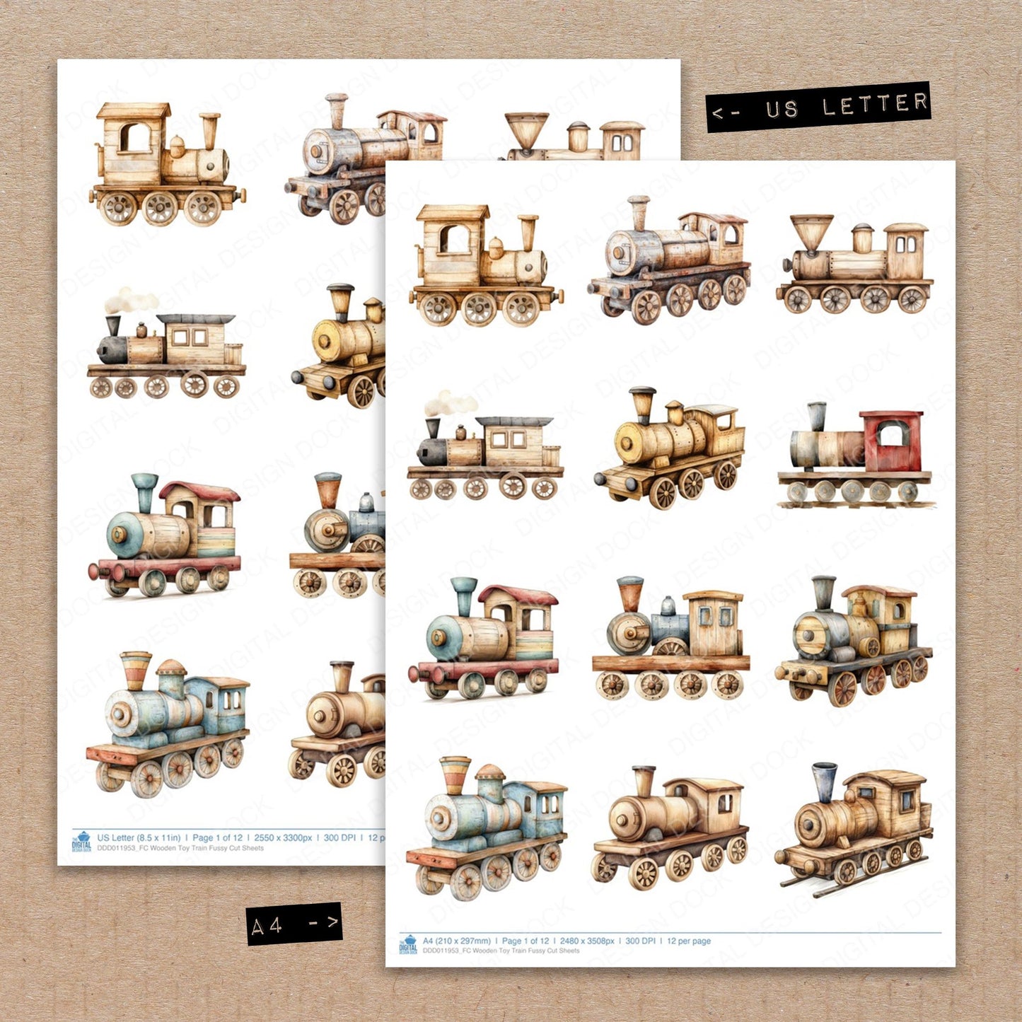 A4 and US Letter format comparison showing Wooden Toy Train fussy cut pages for print and cut crafting