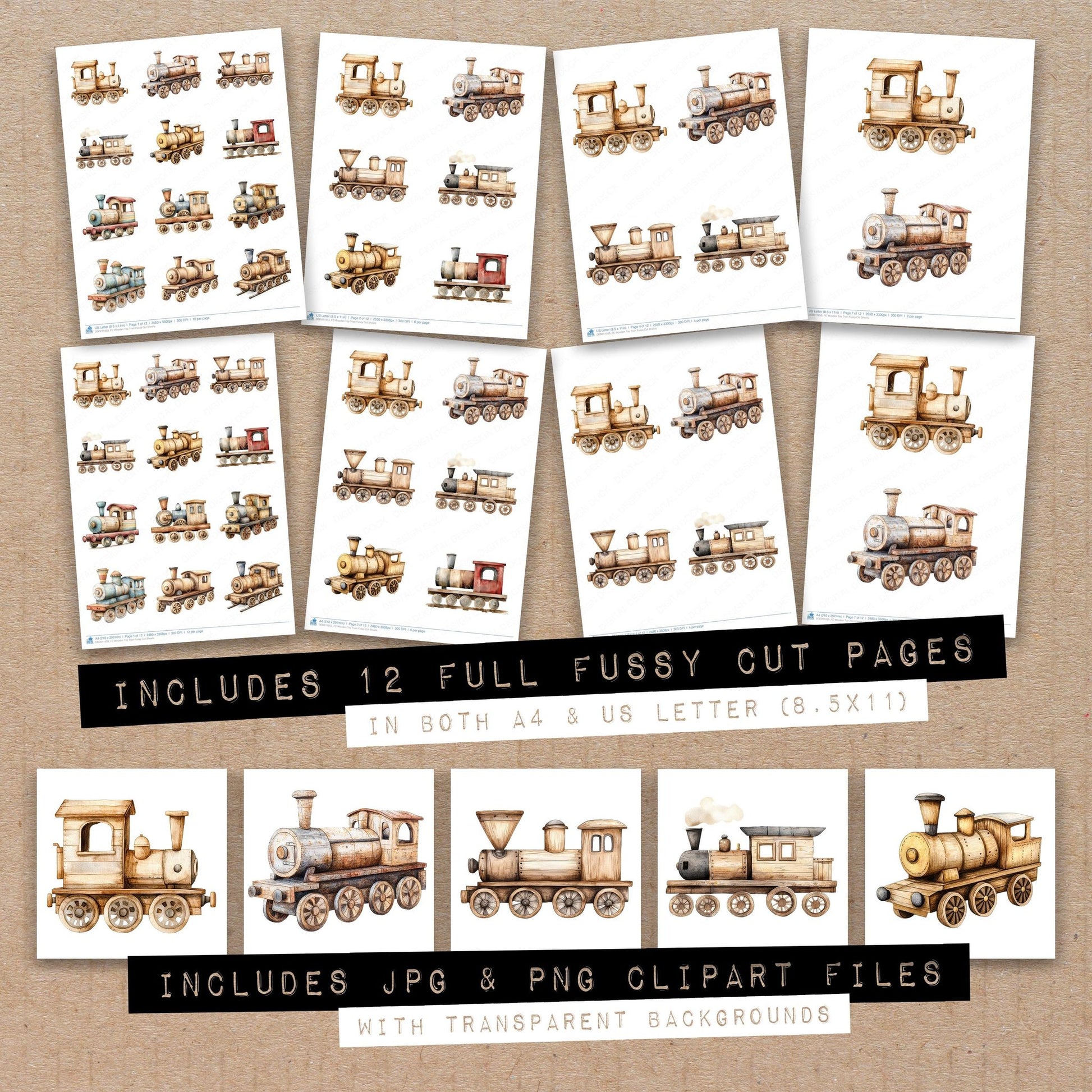 Full collection view of Wooden Toy Train fussy cut sheets with bonus clipart JPG and PNG files