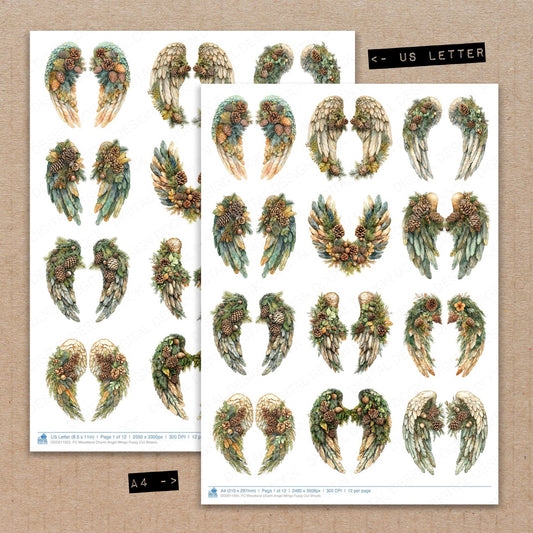 A4 and US Letter format comparison showing Woodland Charm Angel Wings fussy cut pages for print and cut crafting