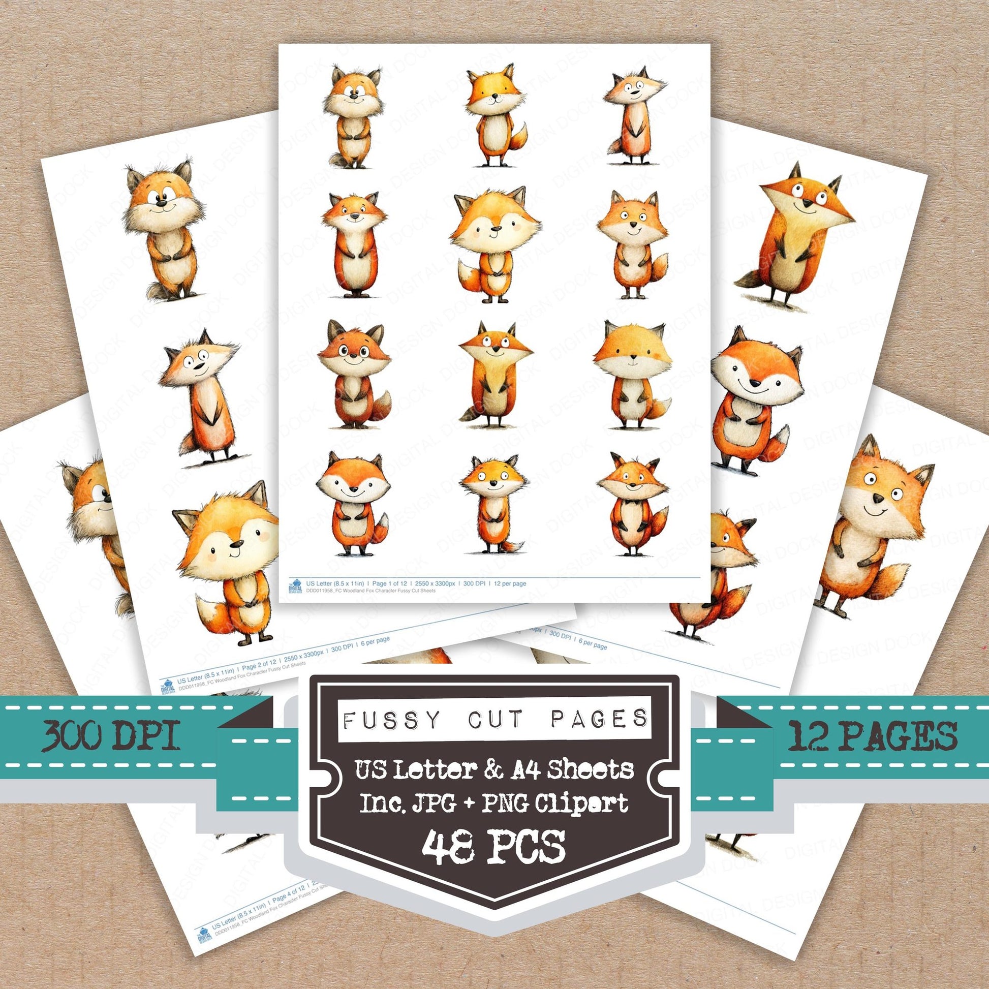 Woodland Fox Character fussy cut printable sheets for junk journaling, scrapbooking, and paper craft projects