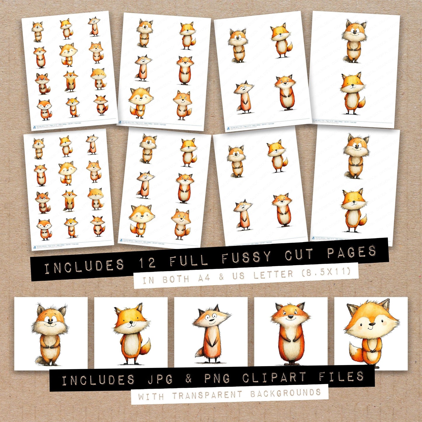 Full collection view of Woodland Fox Character fussy cut sheets with bonus clipart JPG and PNG files