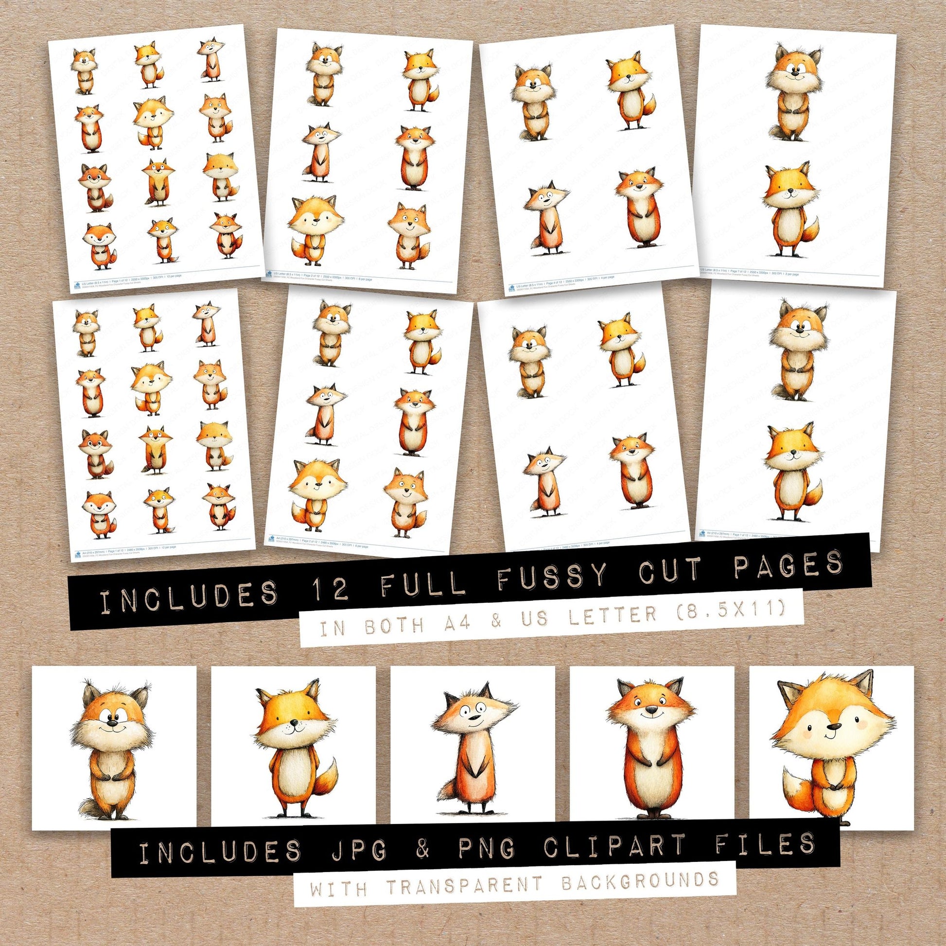 Full collection view of Woodland Fox Character fussy cut sheets with bonus clipart JPG and PNG files