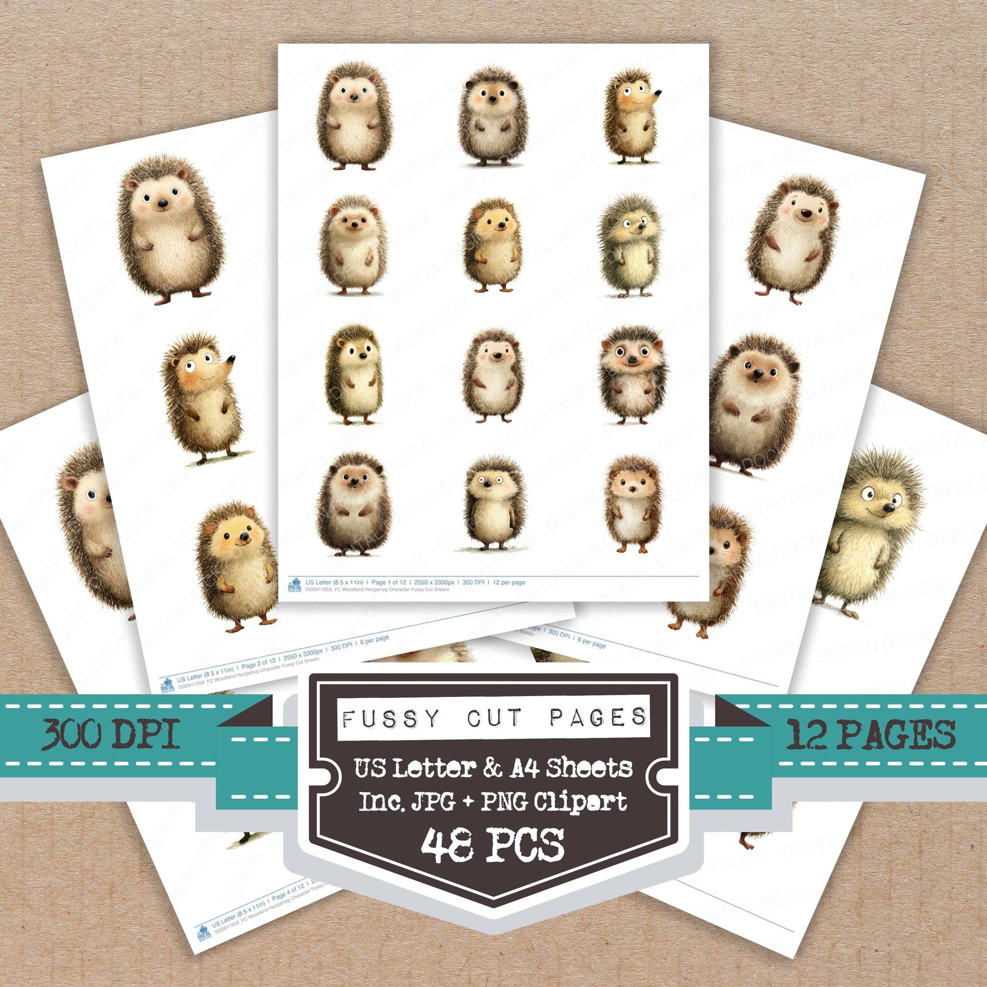 Woodland Hedgehog Character fussy cut printable sheets for junk journaling, scrapbooking, and paper craft projects