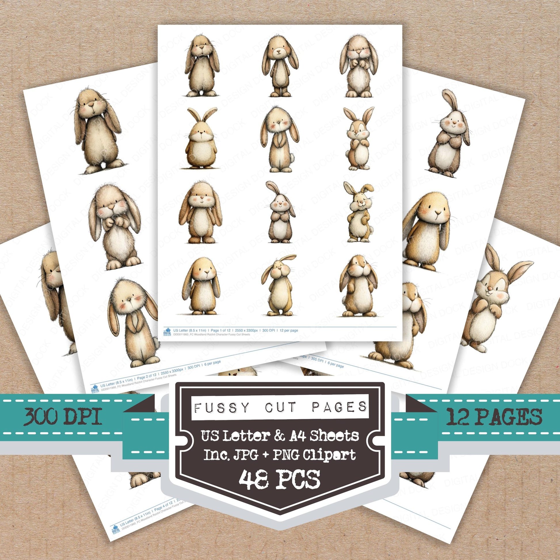 Woodland Rabbit Character fussy cut printable sheets for junk journaling, scrapbooking, and paper craft projects