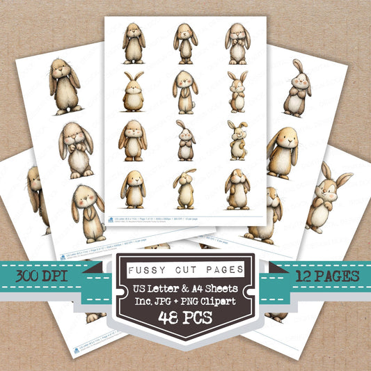 Woodland Rabbit Character fussy cut printable sheets for junk journaling, scrapbooking, and paper craft projects