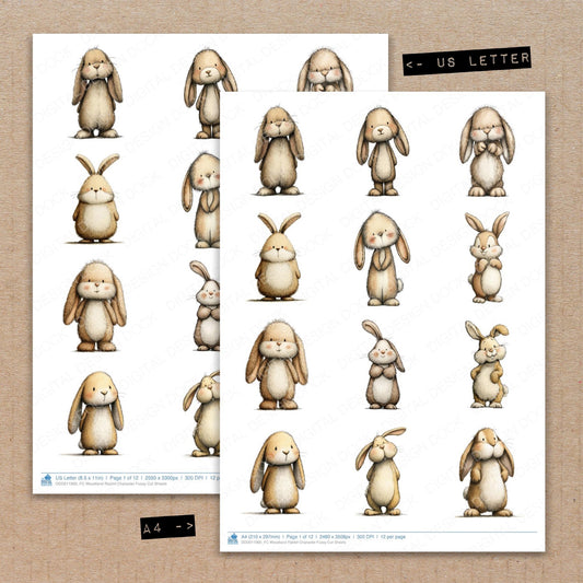 A4 and US Letter format comparison showing Woodland Rabbit Character fussy cut pages for print and cut crafting