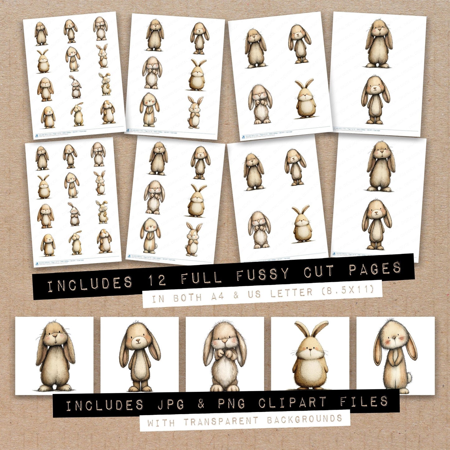 Full collection view of Woodland Rabbit Character fussy cut sheets with bonus clipart JPG and PNG files