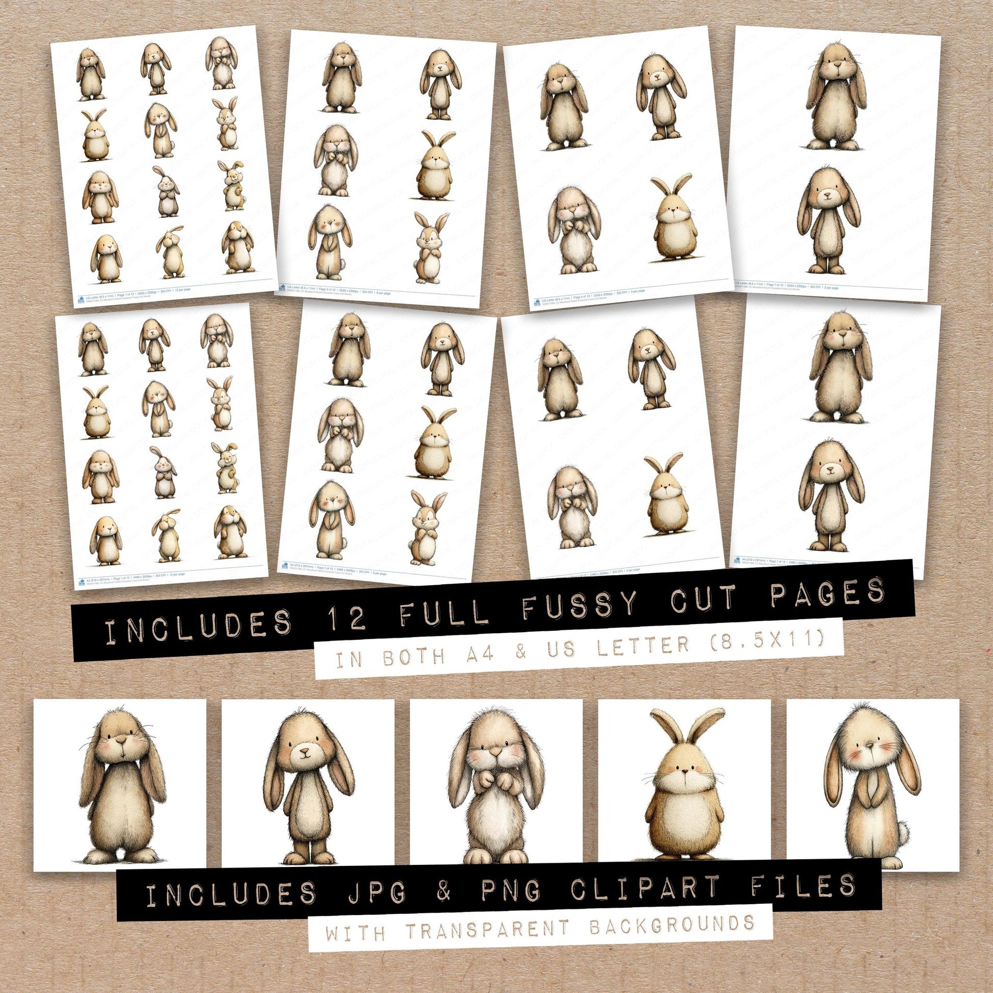 Full collection view of Woodland Rabbit Character fussy cut sheets with bonus clipart JPG and PNG files