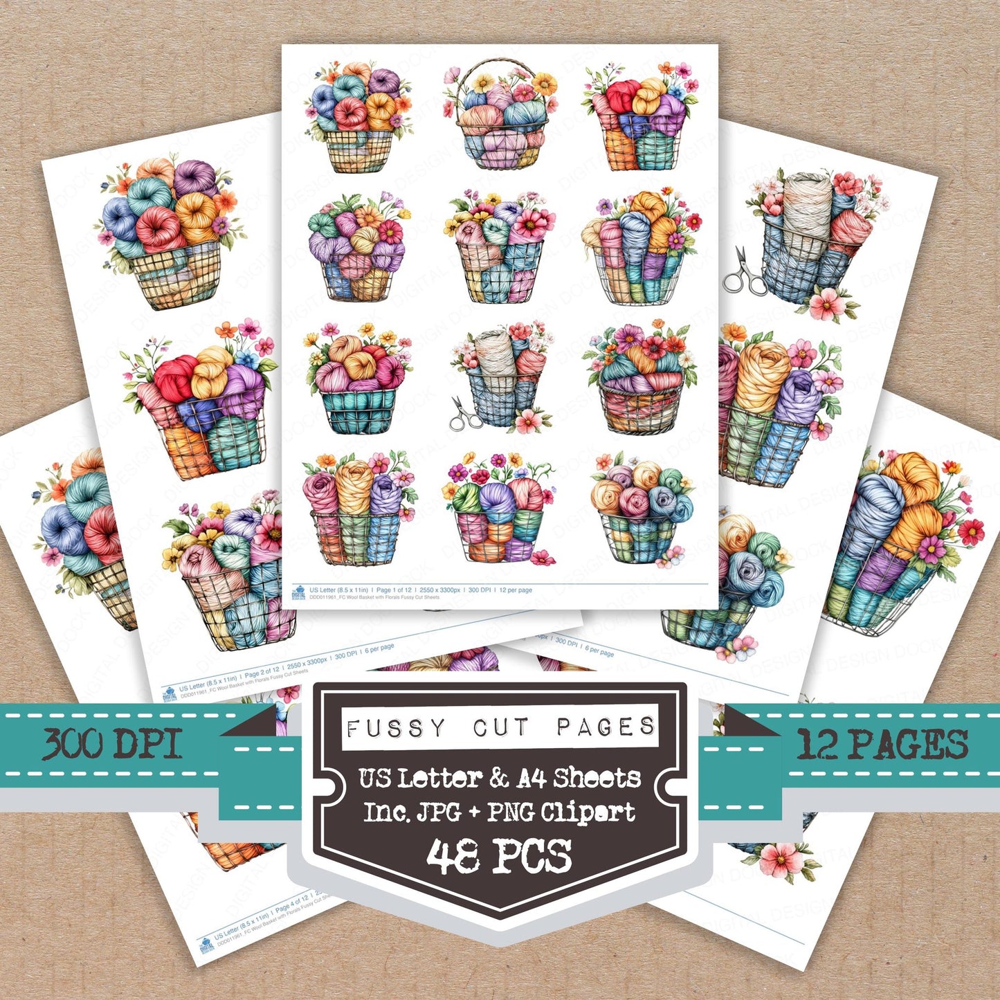 Wool Basket with Florals fussy cut printable sheets for junk journaling, scrapbooking, and paper craft projects