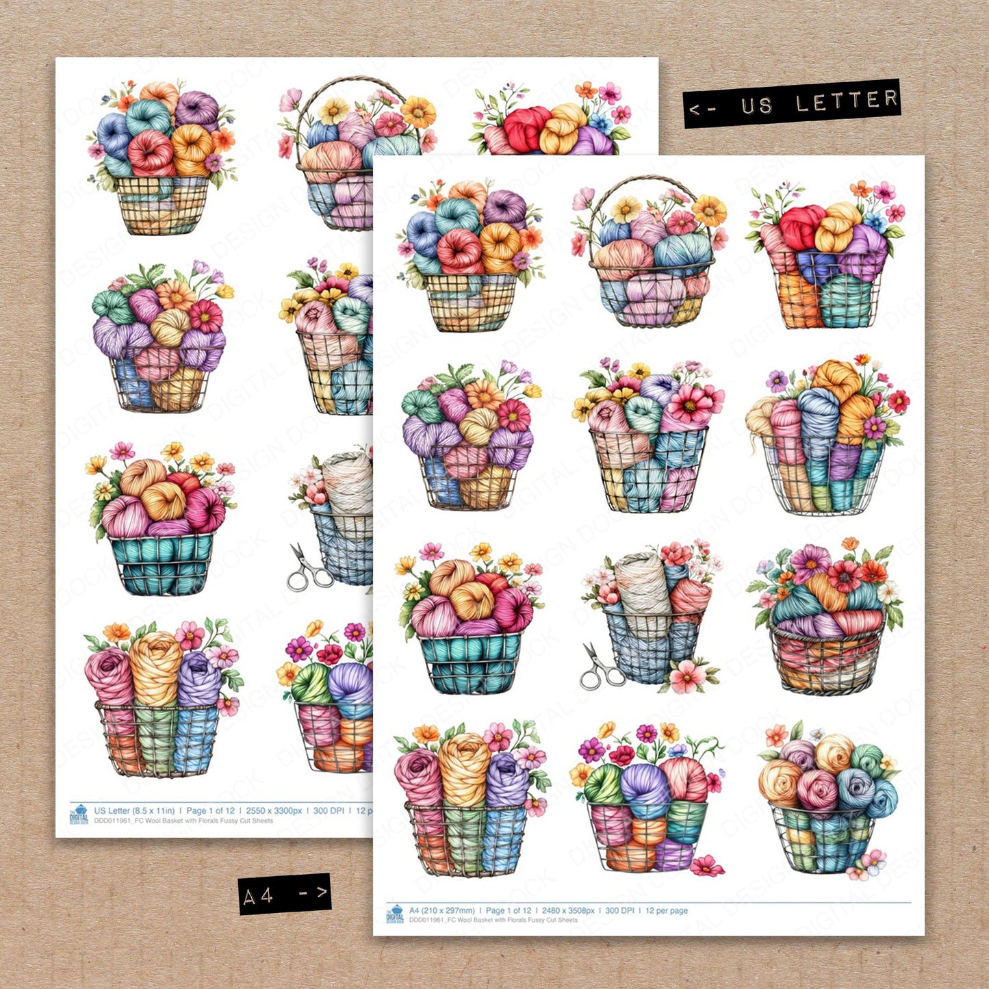 A4 and US Letter format comparison showing Wool Basket with Florals fussy cut pages for print and cut crafting