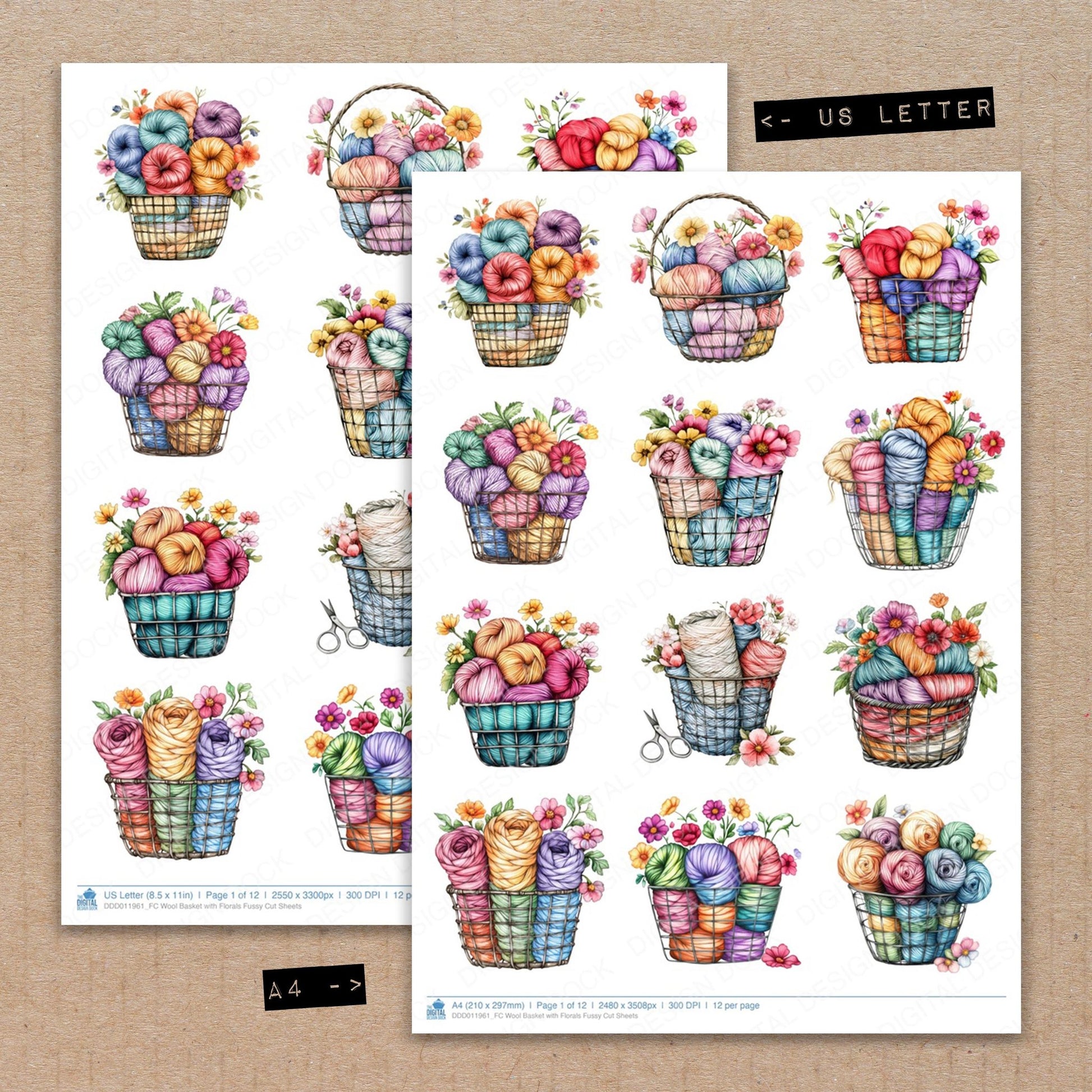 A4 and US Letter format comparison showing Wool Basket with Florals fussy cut pages for print and cut crafting