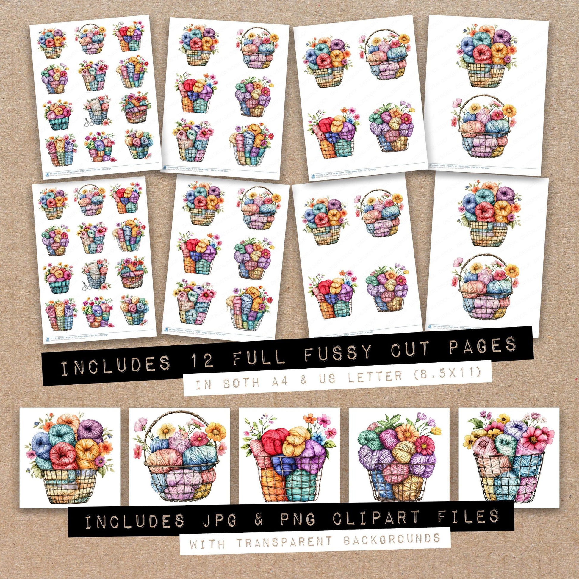 Full collection view of Wool Basket with Florals fussy cut sheets with bonus clipart JPG and PNG files