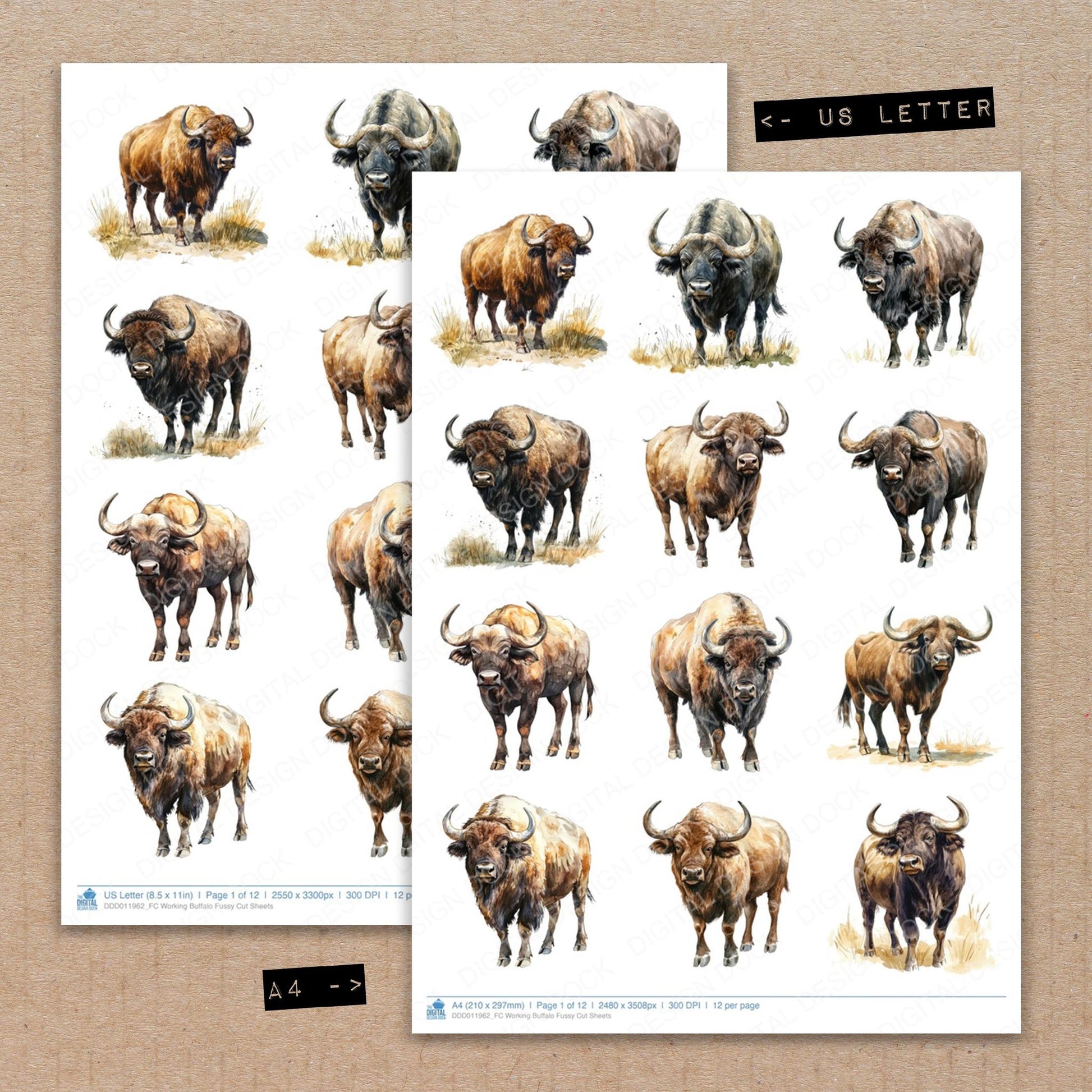 A4 and US Letter format comparison showing Working Buffalo fussy cut pages for print and cut crafting