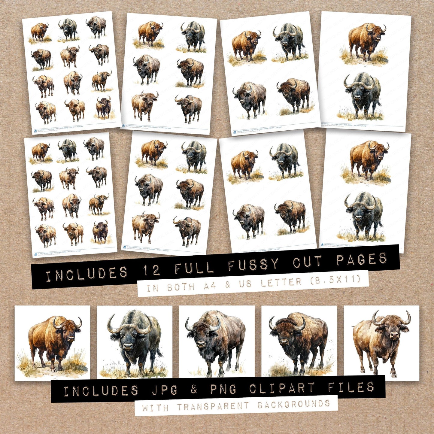 Full collection view of Working Buffalo fussy cut sheets with bonus clipart JPG and PNG files