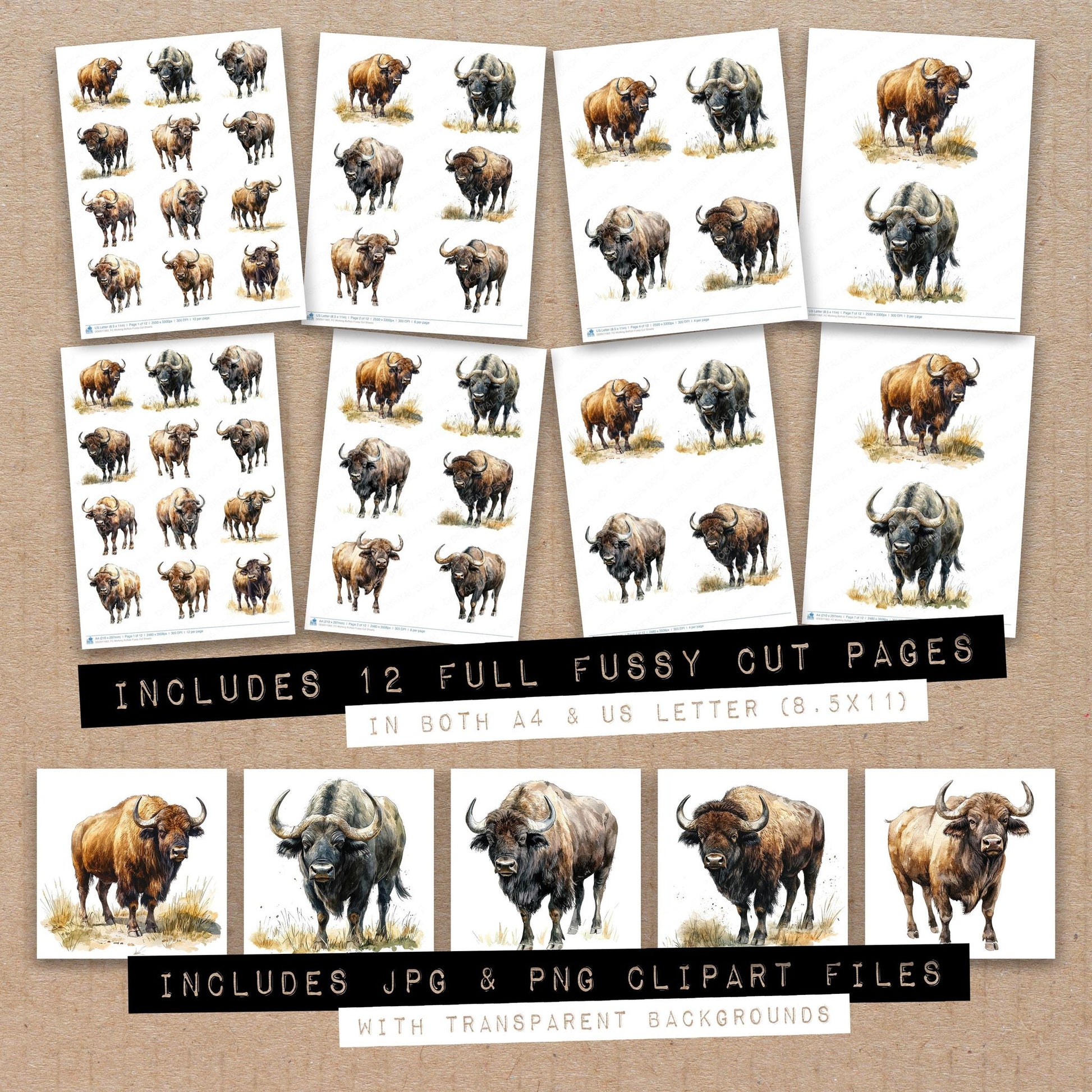 Full collection view of Working Buffalo fussy cut sheets with bonus clipart JPG and PNG files