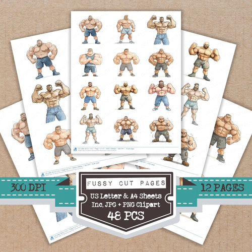 Worlds Strongest Man Watercolour fussy cut printable sheets for junk journaling, scrapbooking, and paper craft projects