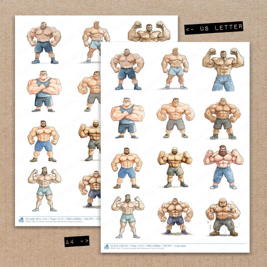 A4 and US Letter format comparison showing Worlds Strongest Man Watercolour fussy cut pages for print and cut crafting