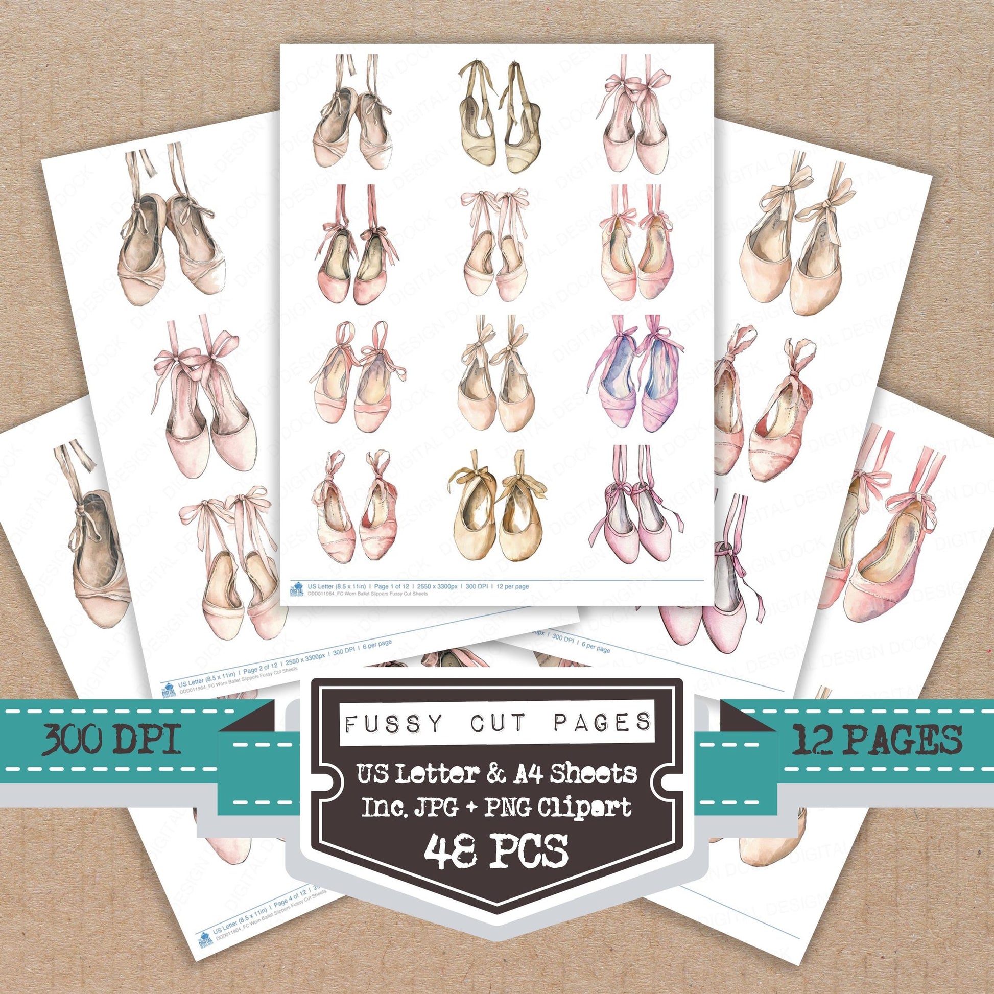 Worn Ballet Slippers fussy cut printable sheets for junk journaling, scrapbooking, and paper craft projects