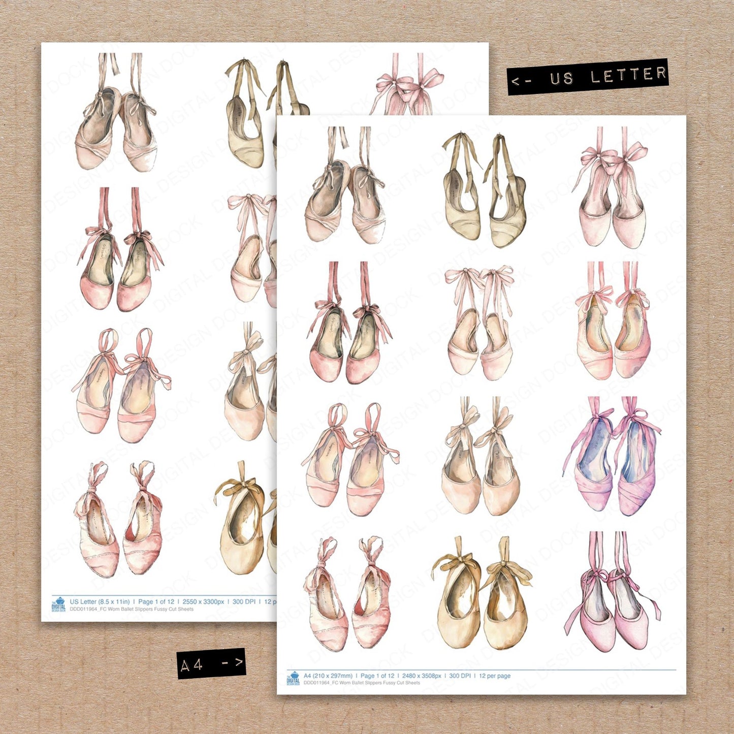 A4 and US Letter format comparison showing Worn Ballet Slippers fussy cut pages for print and cut crafting