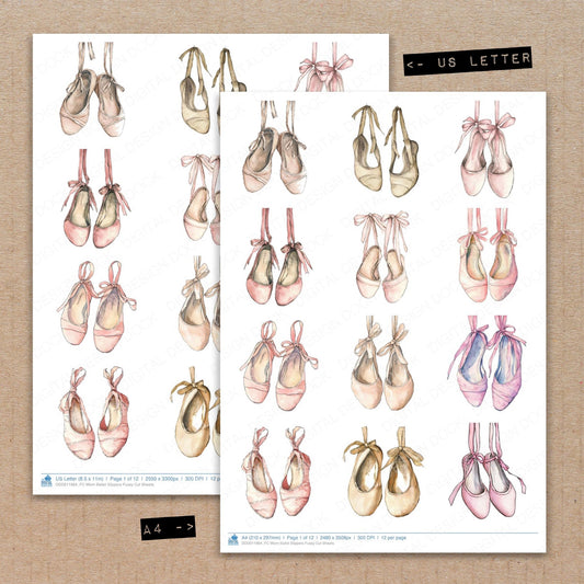A4 and US Letter format comparison showing Worn Ballet Slippers fussy cut pages for print and cut crafting