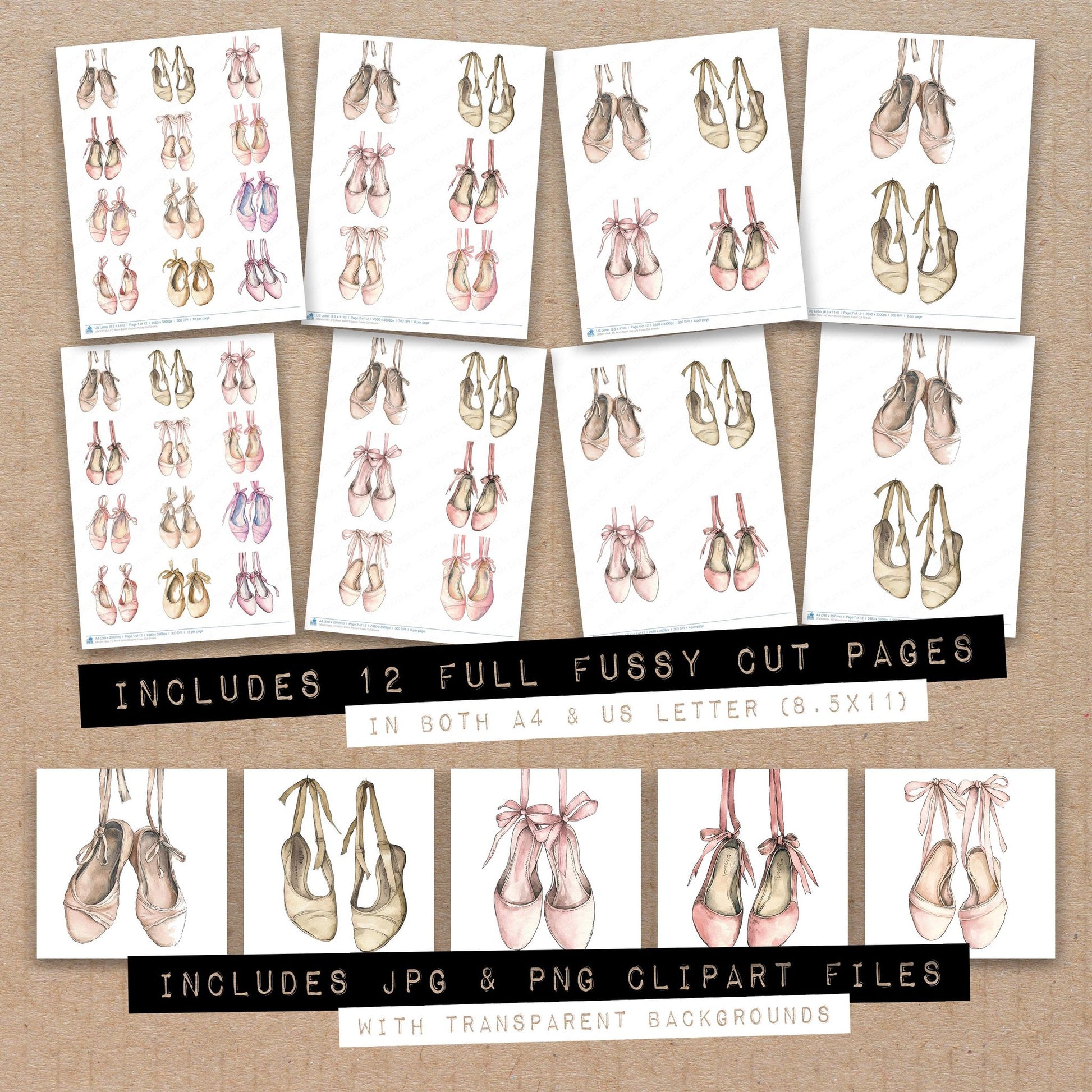 Full collection view of Worn Ballet Slippers fussy cut sheets with bonus clipart JPG and PNG files