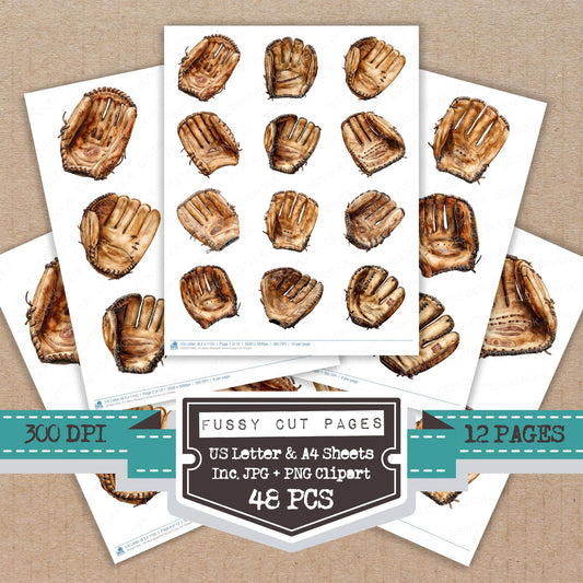 Worn Baseball Glove fussy cut printable sheets for junk journaling, scrapbooking, and paper craft projects