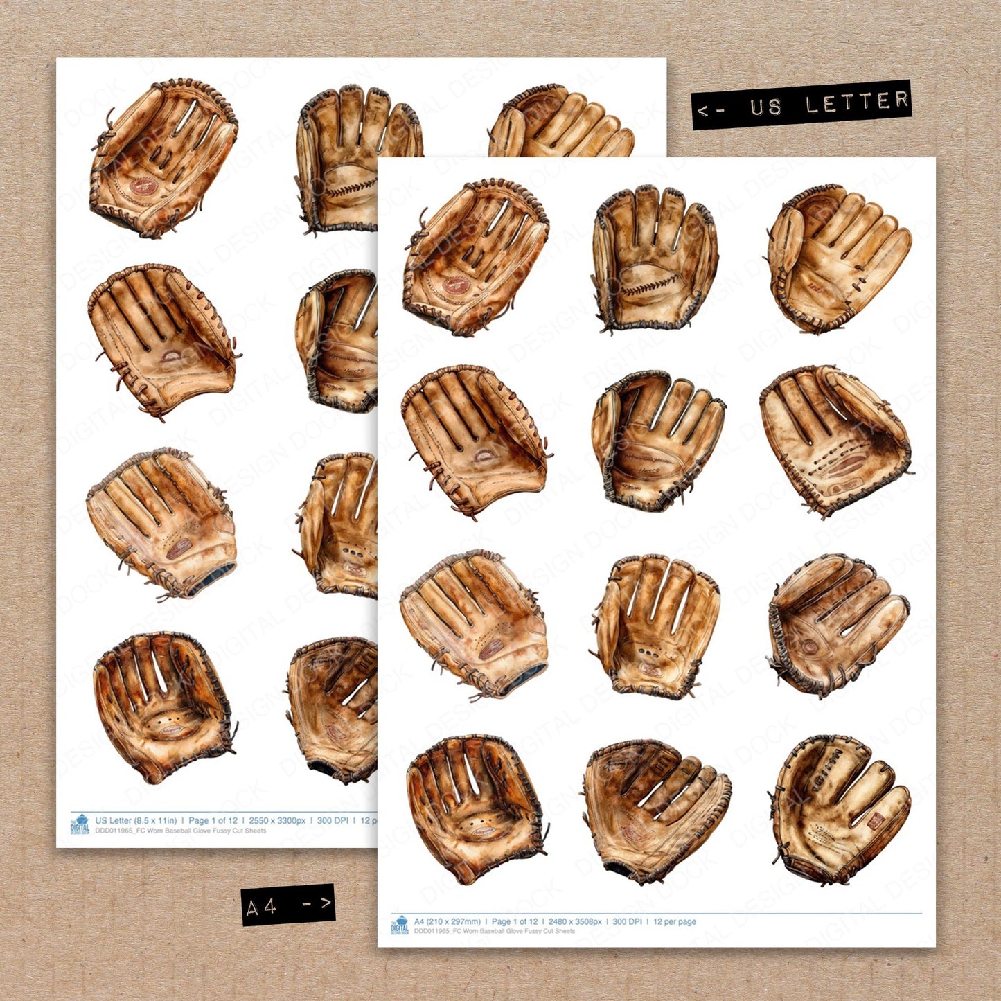A4 and US Letter format comparison showing Worn Baseball Glove fussy cut pages for print and cut crafting