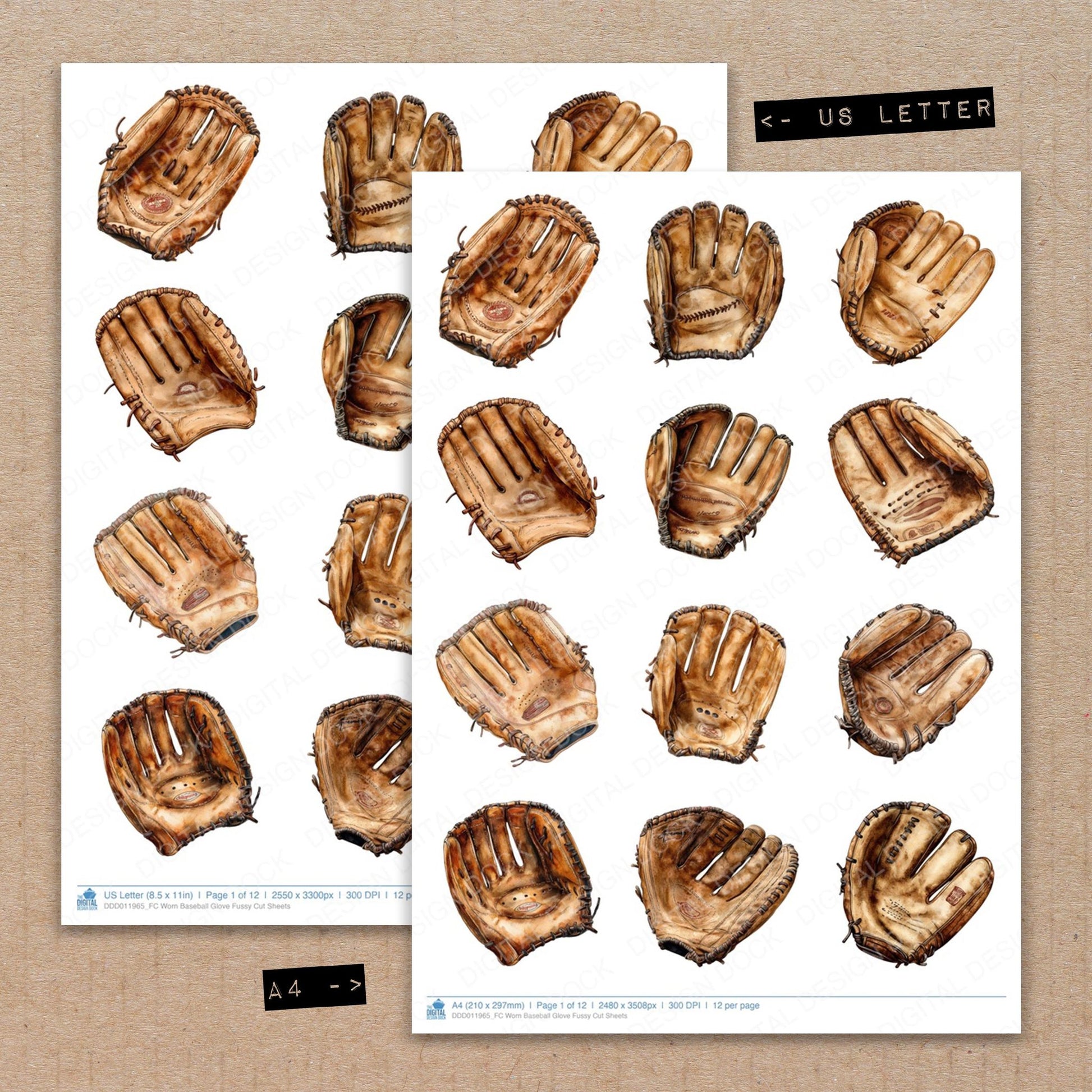 A4 and US Letter format comparison showing Worn Baseball Glove fussy cut pages for print and cut crafting