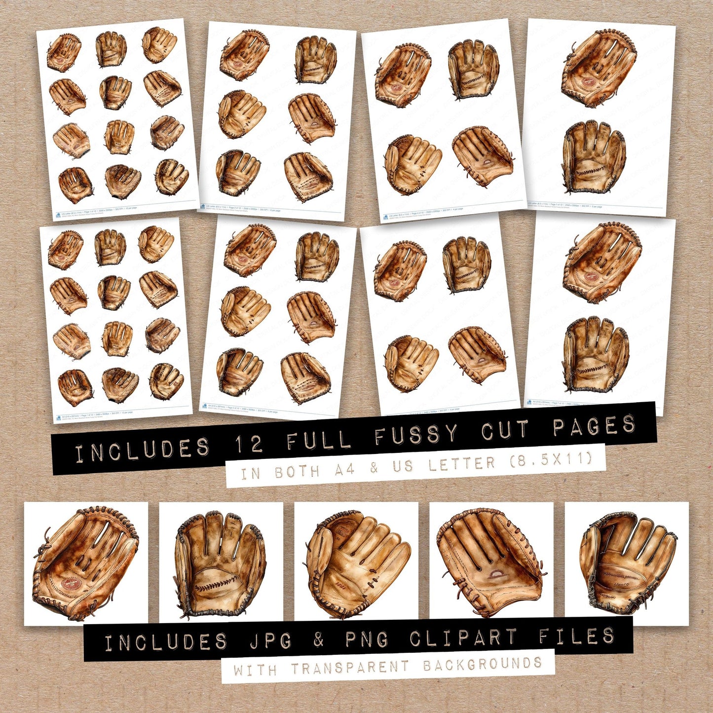Full collection view of Worn Baseball Glove fussy cut sheets with bonus clipart JPG and PNG files