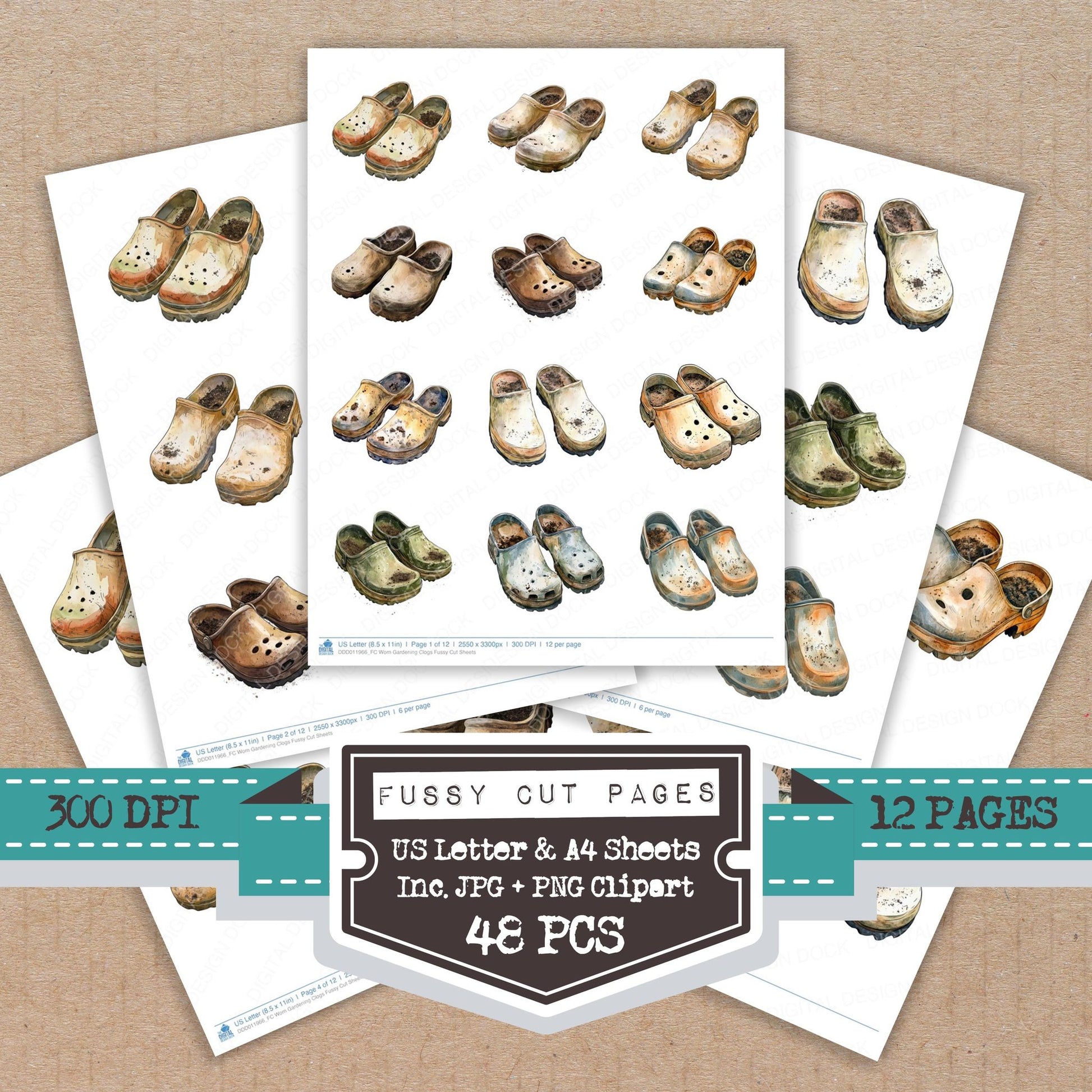 Worn Gardening Clogs fussy cut printable sheets for junk journaling, scrapbooking, and paper craft projects