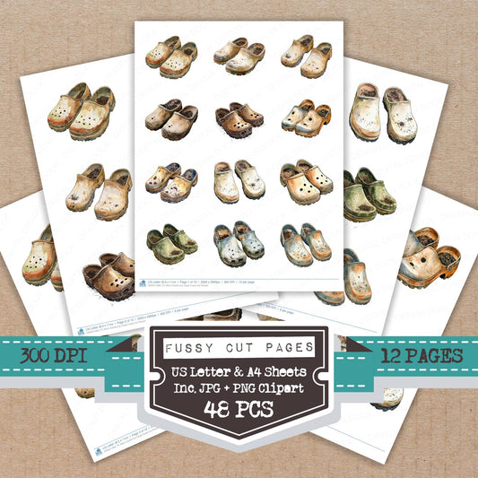 Worn Gardening Clogs fussy cut printable sheets for junk journaling, scrapbooking, and paper craft projects