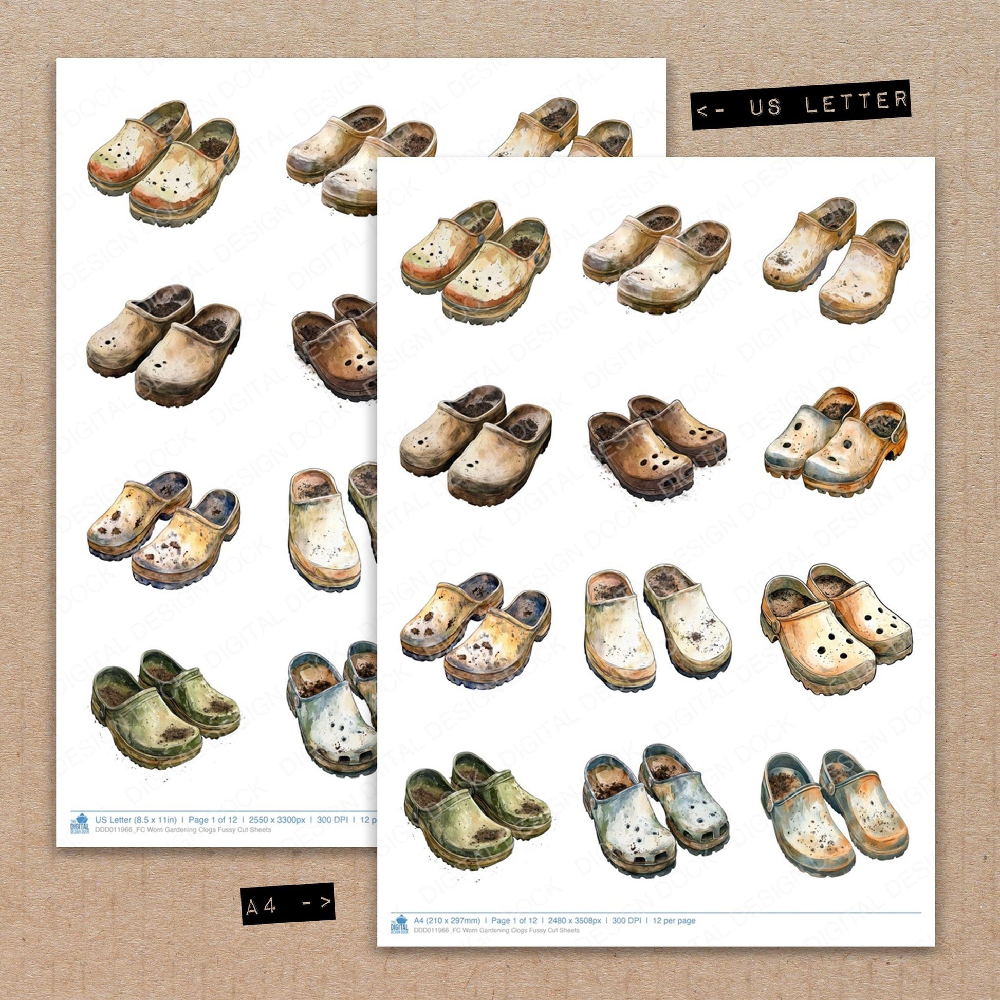 A4 and US Letter format comparison showing Worn Gardening Clogs fussy cut pages for print and cut crafting