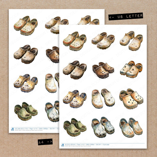 A4 and US Letter format comparison showing Worn Gardening Clogs fussy cut pages for print and cut crafting