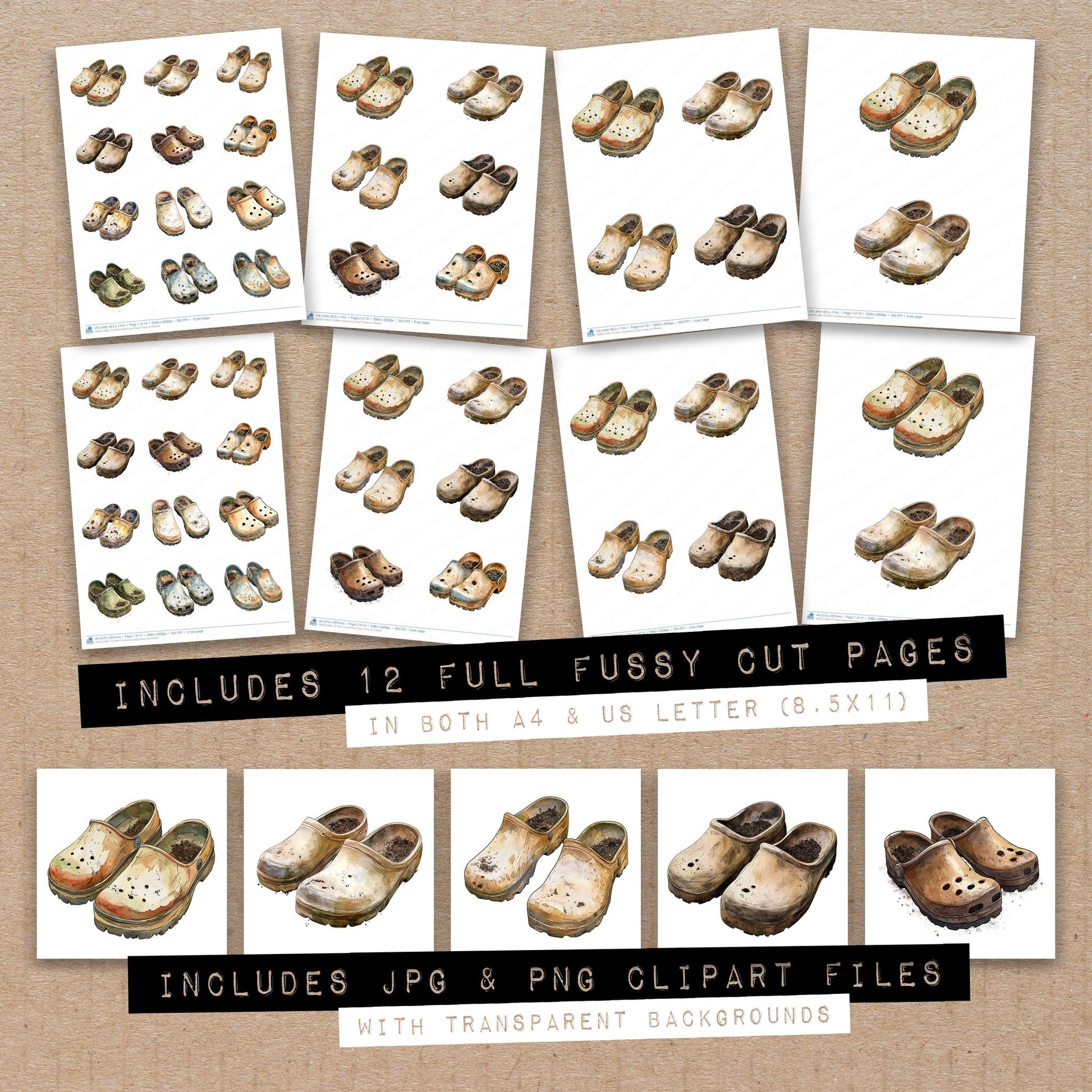 Full collection view of Worn Gardening Clogs fussy cut sheets with bonus clipart JPG and PNG files