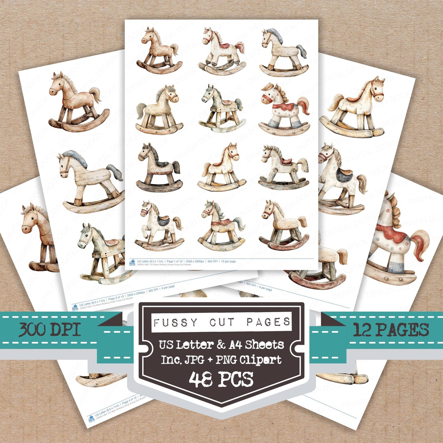 Worn Rocking Horse fussy cut printable sheets for junk journaling, scrapbooking, and paper craft projects