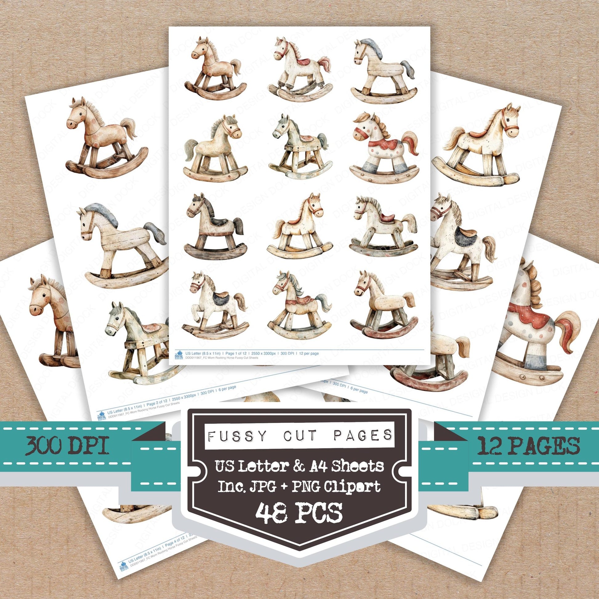Worn Rocking Horse fussy cut printable sheets for junk journaling, scrapbooking, and paper craft projects