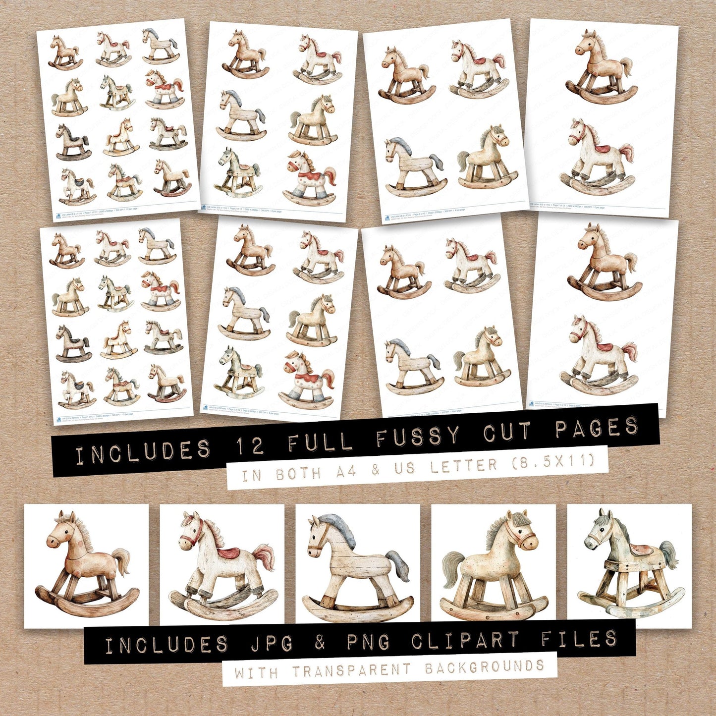 Full collection view of Worn Rocking Horse fussy cut sheets with bonus clipart JPG and PNG files