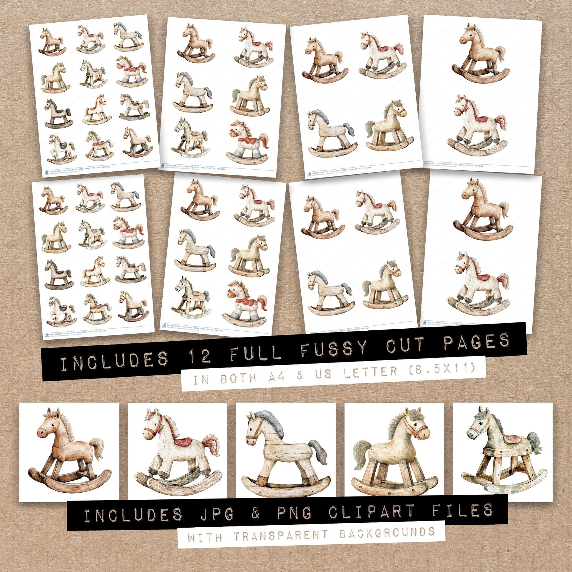 Full collection view of Worn Rocking Horse fussy cut sheets with bonus clipart JPG and PNG files