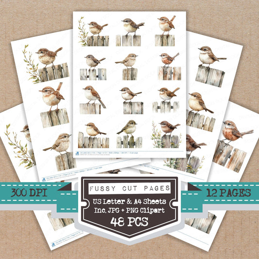Wren on a Fence fussy cut printable sheets for junk journaling, scrapbooking, and paper craft projects