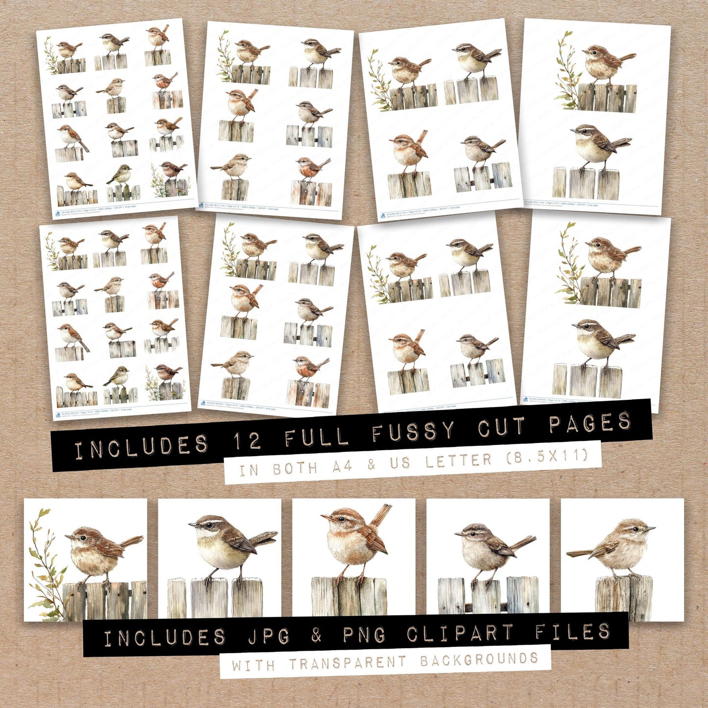 Full collection view of Wren on a Fence fussy cut sheets with bonus clipart JPG and PNG files