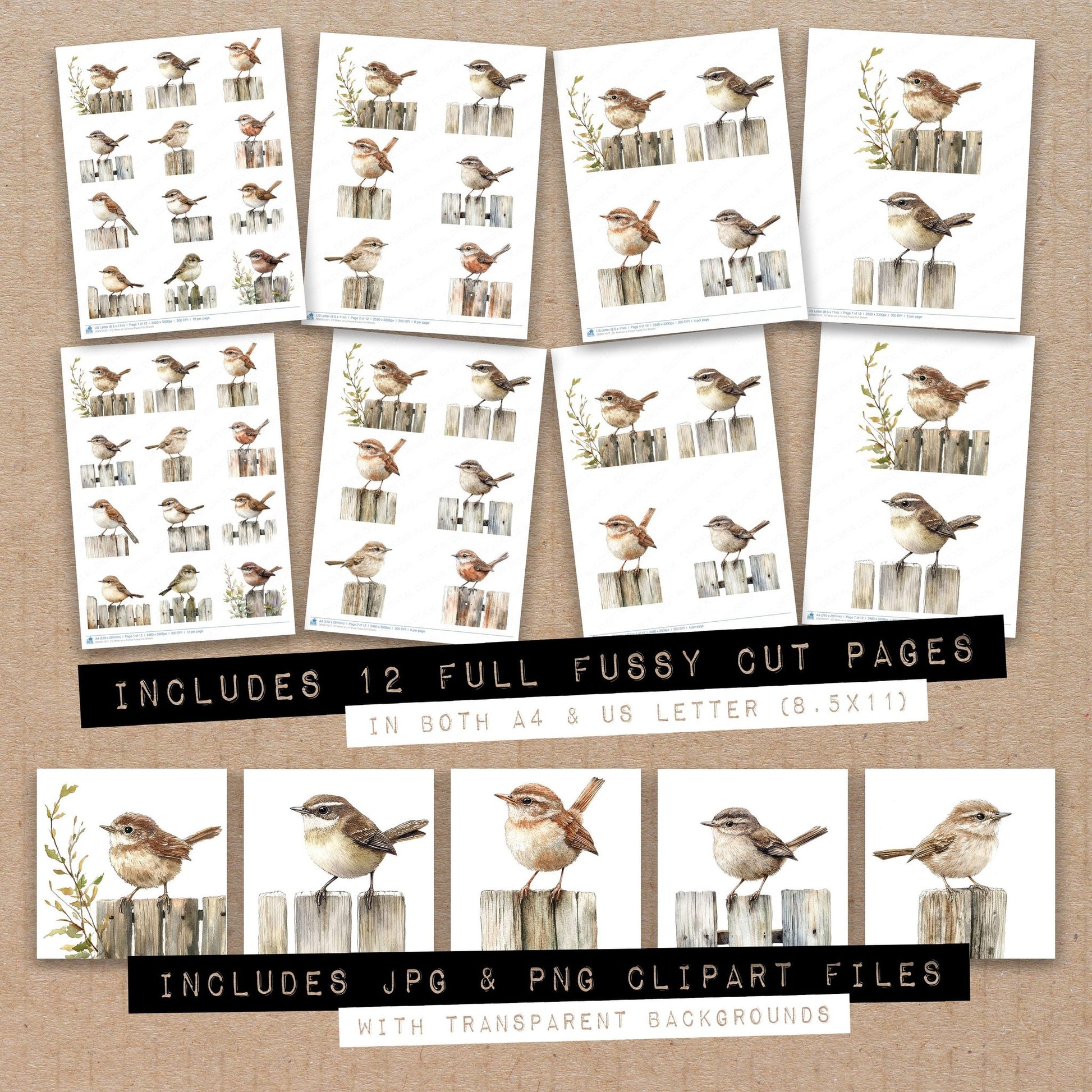 Full collection view of Wren on a Fence fussy cut sheets with bonus clipart JPG and PNG files