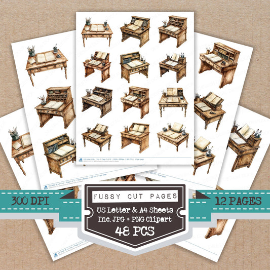 Writing Desk with Inkwell fussy cut printable sheets for junk journaling, scrapbooking, and paper craft projects