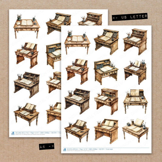 A4 and US Letter format comparison showing Writing Desk with Inkwell fussy cut pages for print and cut crafting