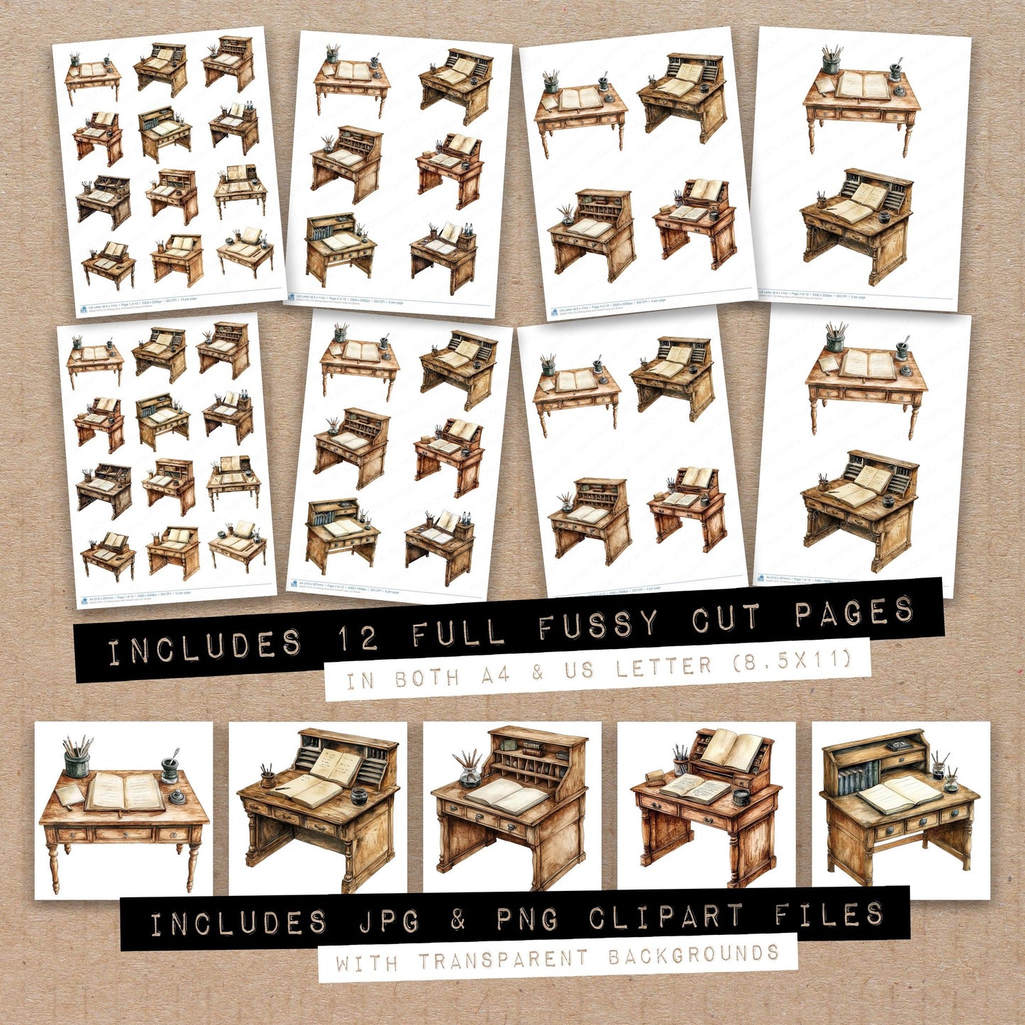 Full collection view of Writing Desk with Inkwell fussy cut sheets with bonus clipart JPG and PNG files
