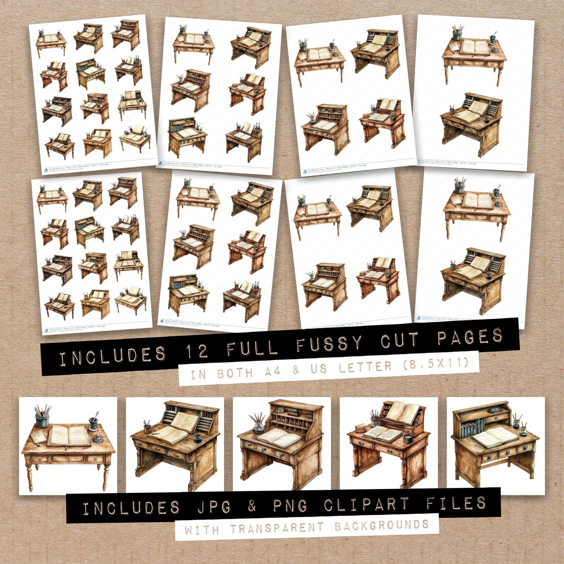 Full collection view of Writing Desk with Inkwell fussy cut sheets with bonus clipart JPG and PNG files