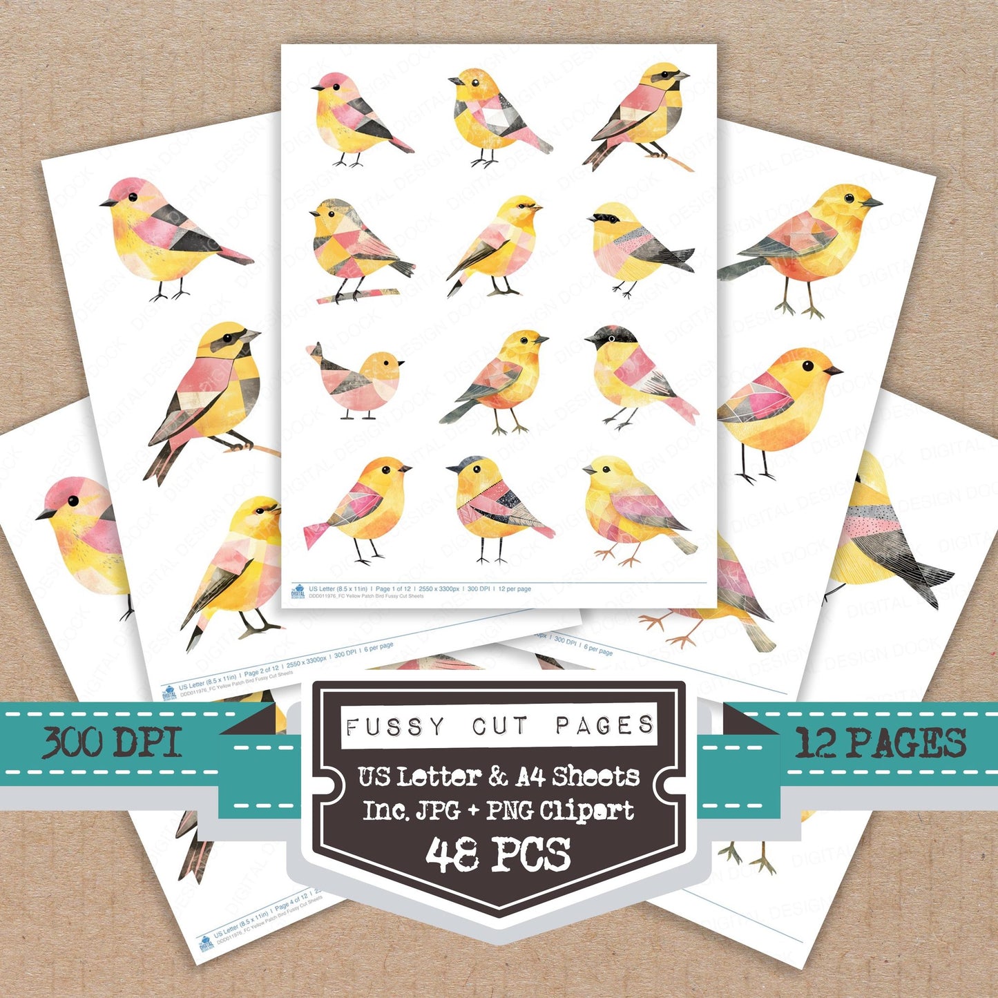 Yellow Patch Bird fussy cut printable sheets for junk journaling, scrapbooking, and paper craft projects
