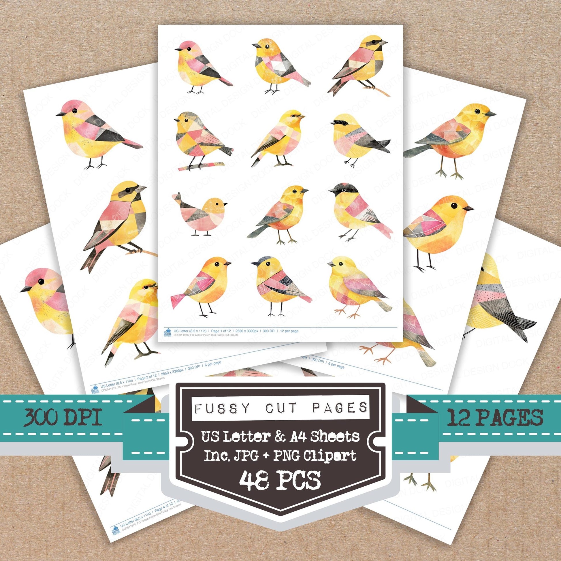 Yellow Patch Bird fussy cut printable sheets for junk journaling, scrapbooking, and paper craft projects